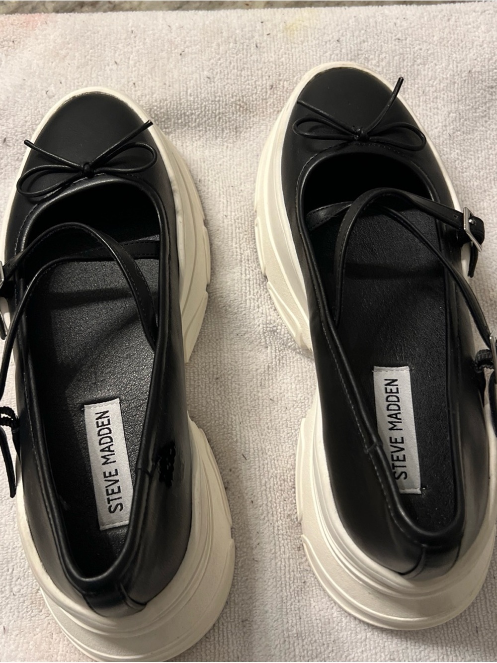 Steve Madden Black Leather Platform Mary Jane Loafers with White Sole